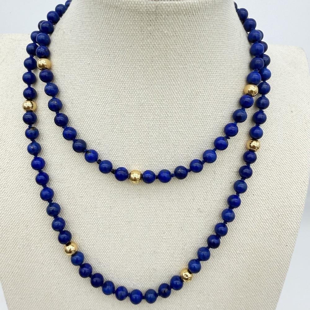Vintage Lapis Lazuli 14 K Yellow Gold Bead‎ 40" Necklace 8mm 12 Gold Beads